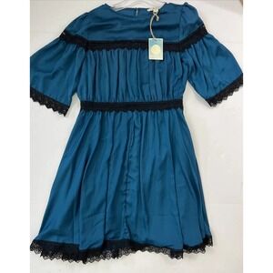 Ella Moon Blue Dress With Black Lace Size S Small New 3/4 Sleeve Knee Length